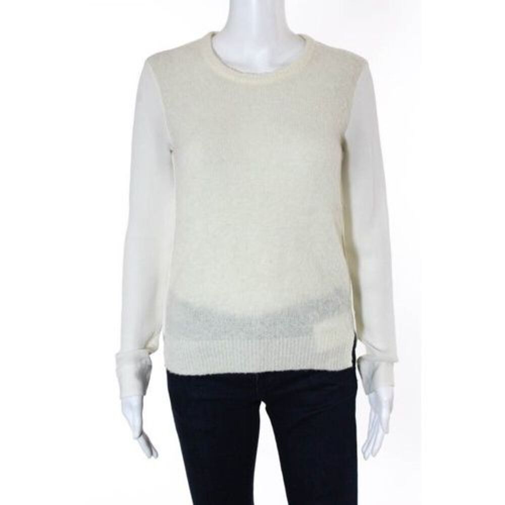 THEORY Cream Wool Blend Front Crew Neck Long Sleeve Silk Paneled Sweater Sz P